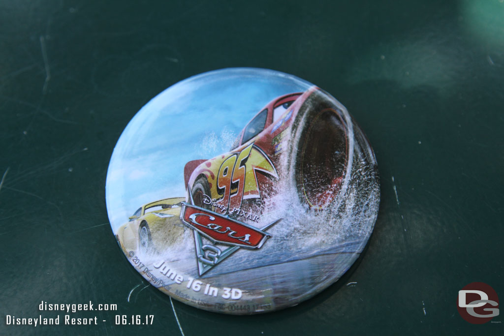 To celebrate the opening of Cars 3 in theaters buttons were available at both parks today as you entered.