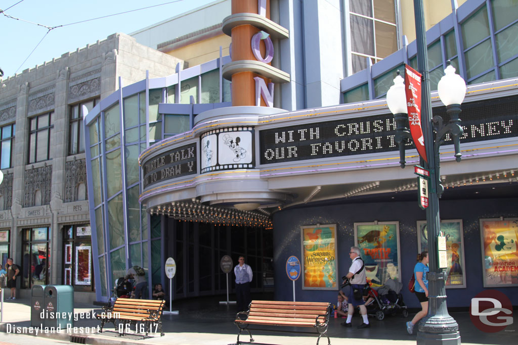 Signs in front of the Animation Building to guide you to the Academy as well as Turtle Talk.