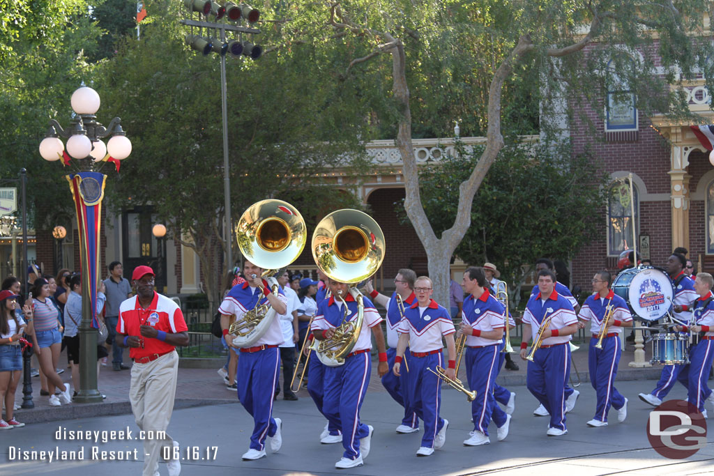 The All-American College Band arriving in Town Square for the 6:10pm Train Station Set.