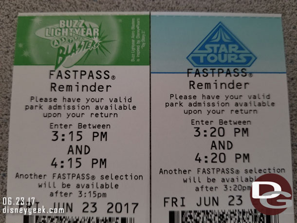 Because of the low crowds and quick return times you could stack up on some attractions.  For example I picked up a Buzz lightyear at 3:12pm good for 3:15.  At 3:15pm I picked up a Star Tours for 3:20pm.  So in theory I could have ridden them back to back with no waits at all (standby was 20 & 30).  I opted to go see the College Band instead.