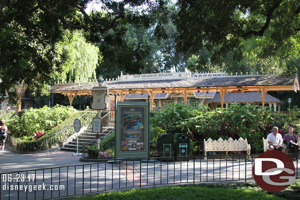 A sign near the New Orleans Square station announcing the return of the railroad.