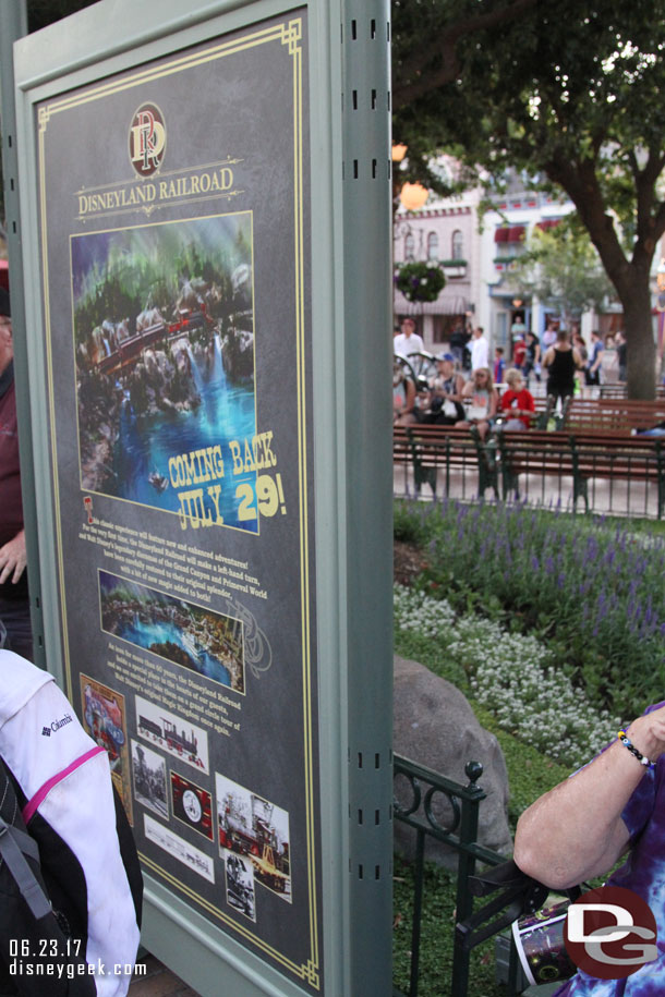 Another sign for the return of the Disneyland Railroad.  This one in Town Square across from the station.