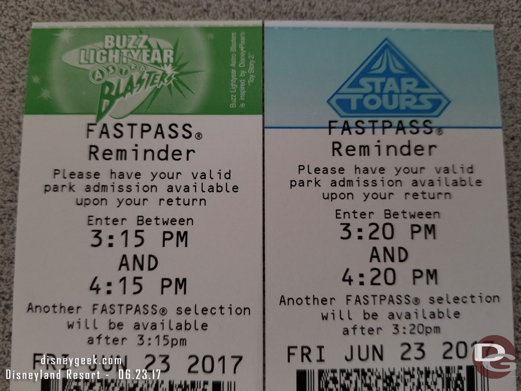 Because of the low crowds and quick return times you could stack up on some attractions.  For example I picked up a Buzz lightyear at 3:12pm good for 3:15.  At 3:15pm I picked up a Star Tours for 3:20pm.  So in theory I could have ridden them back to back with no waits at all (standby was 20 & 30).  I opted to go see the College Band instead.