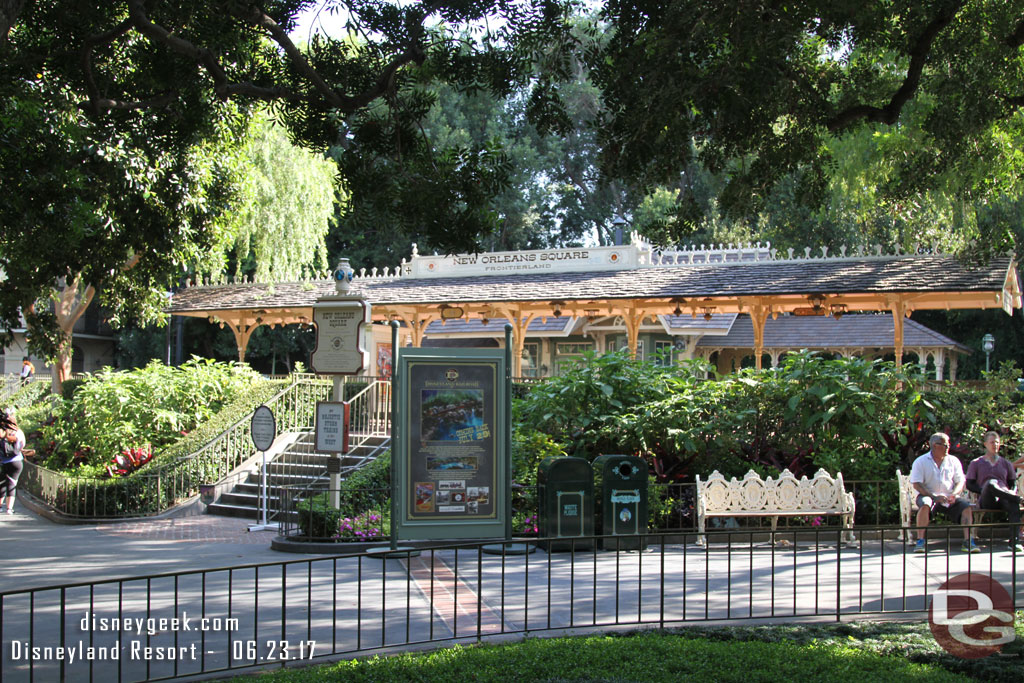 A sign near the New Orleans Square station announcing the return of the railroad.