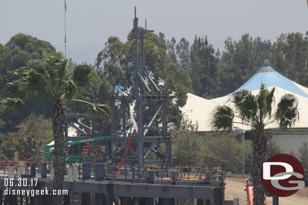 A steel tower that will support the rock facade of the Millennium Falcon building is now in place.