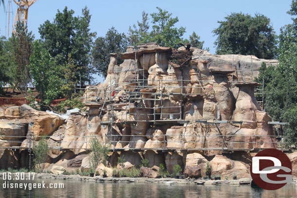 The scaffolding is being removed on the eastern/Frontierland side rock work.