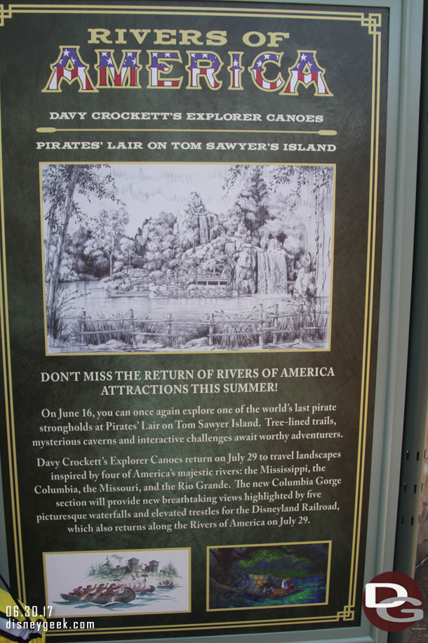 Near the Hungry Bear a sign for the return of the Canoes and Tom Sawyer Island.