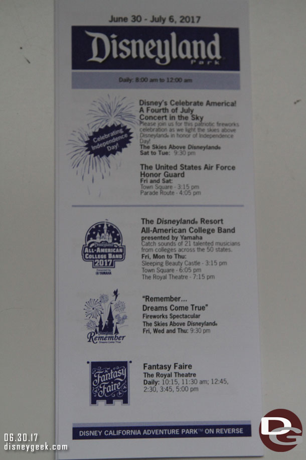 Disneyland Time Guide advertising the 4th of July fireworks that will be running Saturday through Tuesday.  This evening was Remember Dreams Come True.