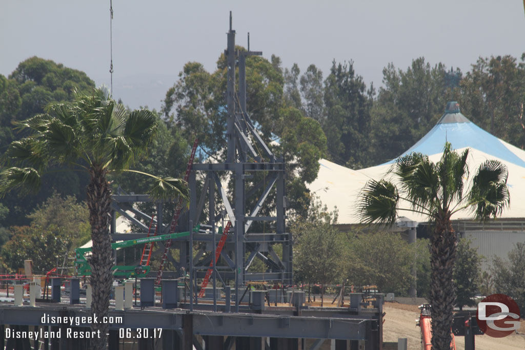 A steel tower that will support the rock facade of the Millennium Falcon building is now in place.