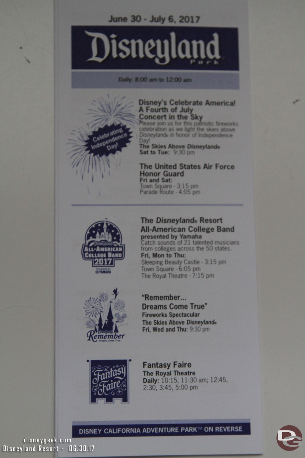 Disneyland Time Guide advertising the 4th of July fireworks that will be running Saturday through Tuesday.  This evening was Remember Dreams Come True.