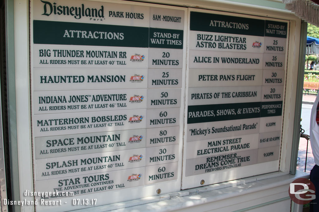 Disneyland wait times just after noon.