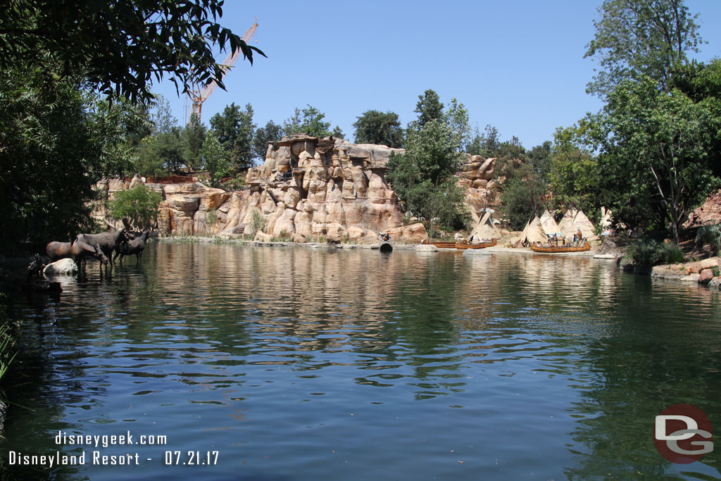 On the eastern side (Frontierland side) of the river the scaffolding is all gone and the Indian Village fence is gone.