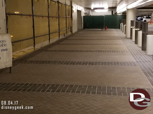 On the second floor of the Mickey and Friends Parking Structure the new walkway is done.  Here are the new bricks.  No more colors to match the floor.