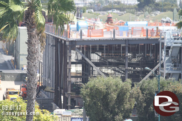 A closer look at the Millennium Falcon attraction building.