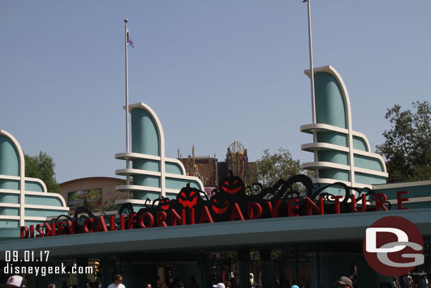 The Summer of Heroes sign at the entrance to Disney California Adventure is gone and the Halloween sign is starting to be installed.