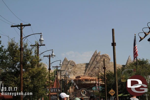 The poles on the right side of Route 66 in Cars Land are up and ready for Halloween decorations.