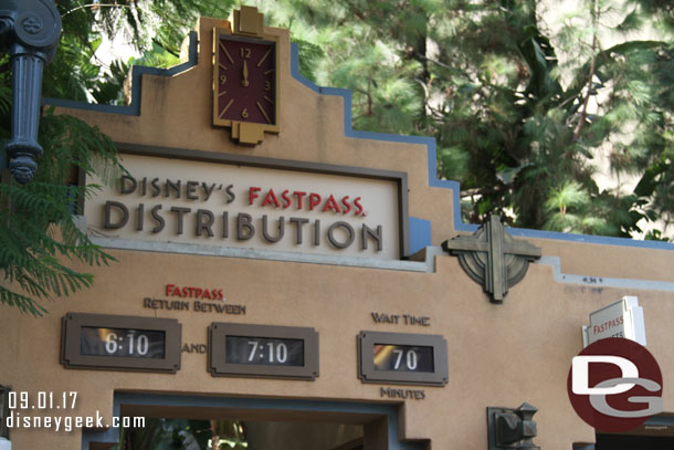 Guardians of the Galaxy had the longest wait in the park this afternoon.  But you could still pick up FastPasses for 2 hours away.  70 min in the heat or come back in 2 hours and go straight inside.