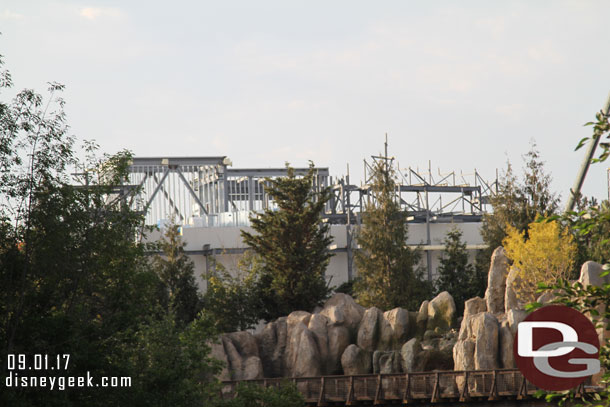 Here you can see the Battle Escape Building.  The exterior wall on this side looks mostly up and the steel supports for the rock facade are taking shape.