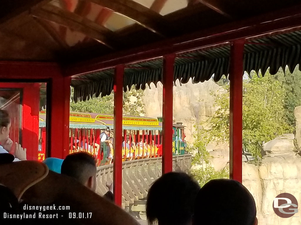 Looking across my car as the train rounded the bend to the right along the Rivers of America.