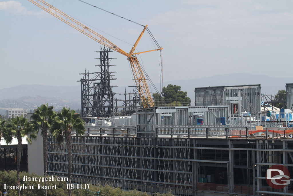 In the distance steel rising above the Millennium Falcon building that will form more mountains and rock work.