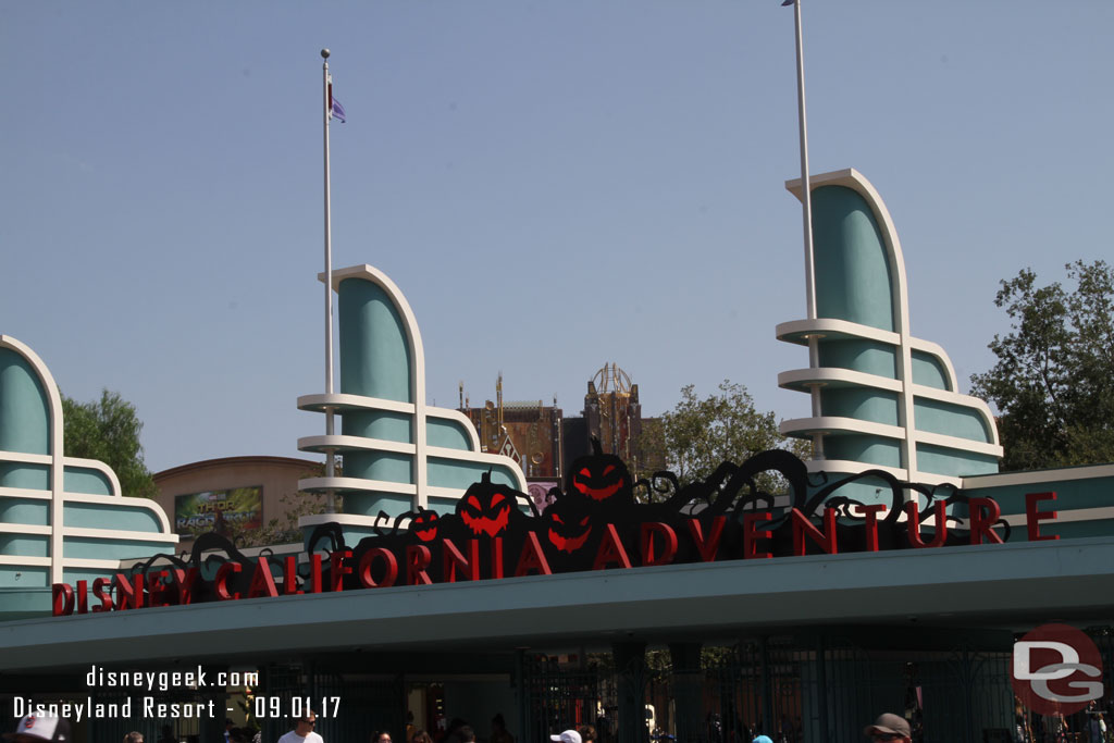 The Summer of Heroes sign at the entrance to Disney California Adventure is gone and the Halloween sign is starting to be installed.