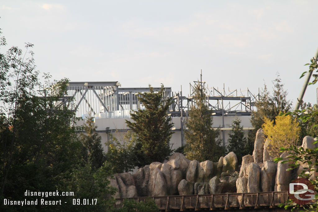 Here you can see the Battle Escape Building.  The exterior wall on this side looks mostly up and the steel supports for the rock facade are taking shape.