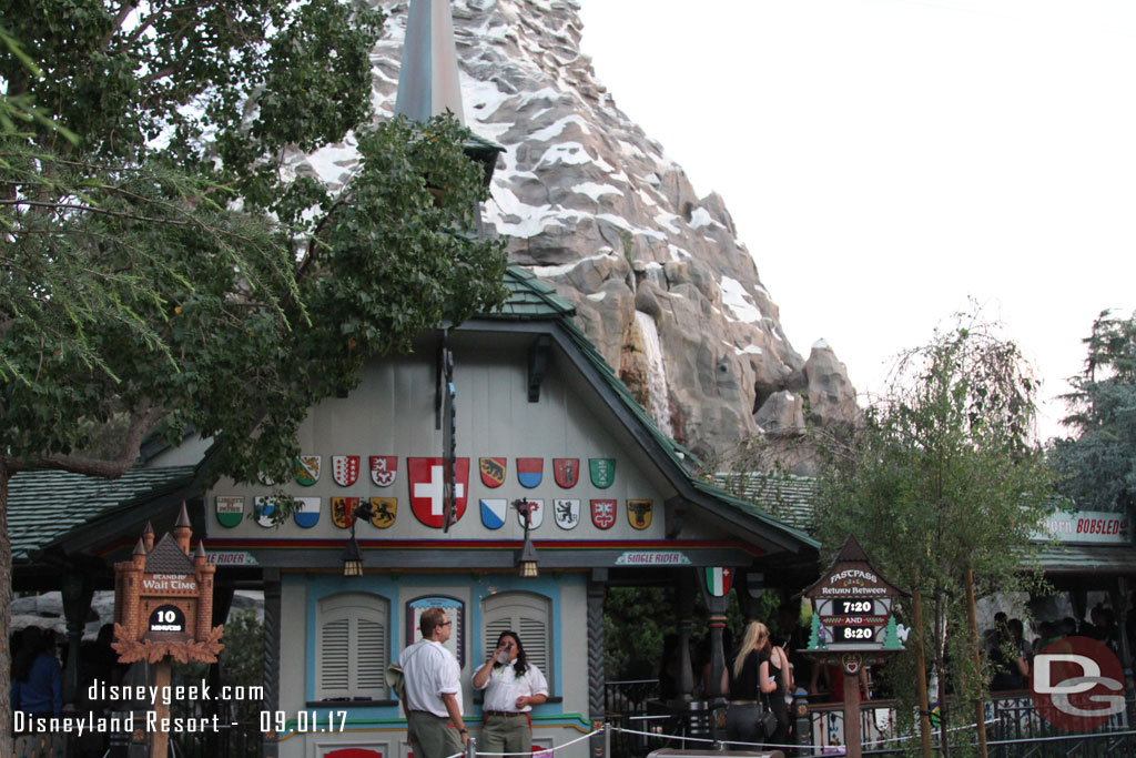 Only a 10 minutes wait for the Matterhorn this evening and 5 minute return time for FastPass.  (It was 7:15 when I took this picture).