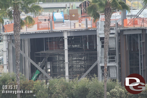 Looking into the Millennium Falcon bulding you can see a lot of scaffolding/temporary supports.