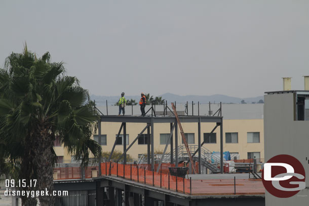 A team standing on one of the structures on the roof.