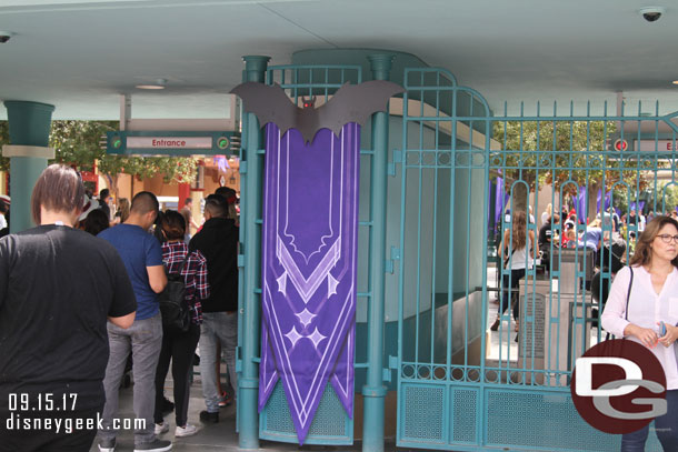 Buena Vista Street and the entrance feature a lot of purple and bats for Halloween Time.