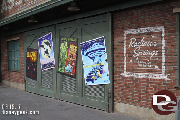 Radiator Springs Drive In Theatre posters along Route 66.