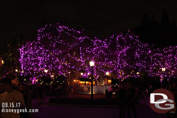 The trees in Carthay Circle feature purple lights.