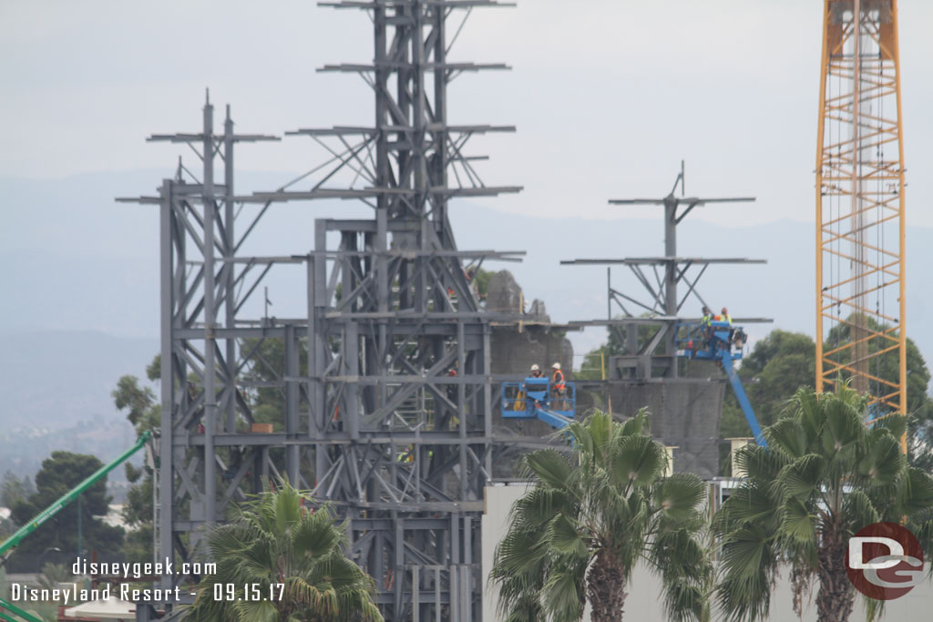 Wire mesh for the rock facade is starting to be attached to the steel supports.