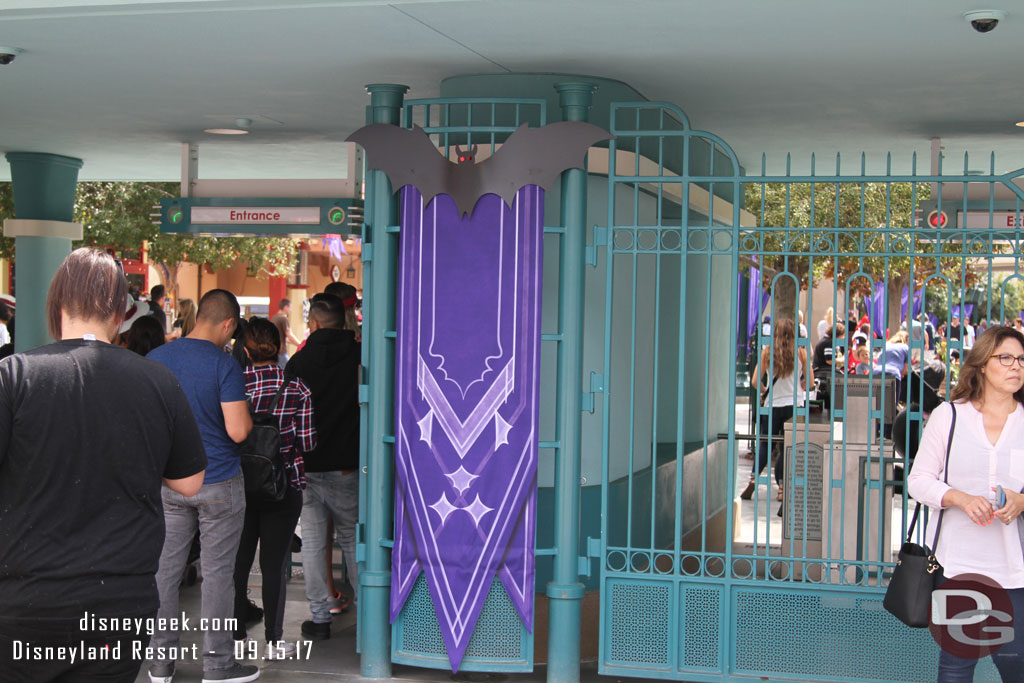 Buena Vista Street and the entrance feature a lot of purple and bats for Halloween Time.