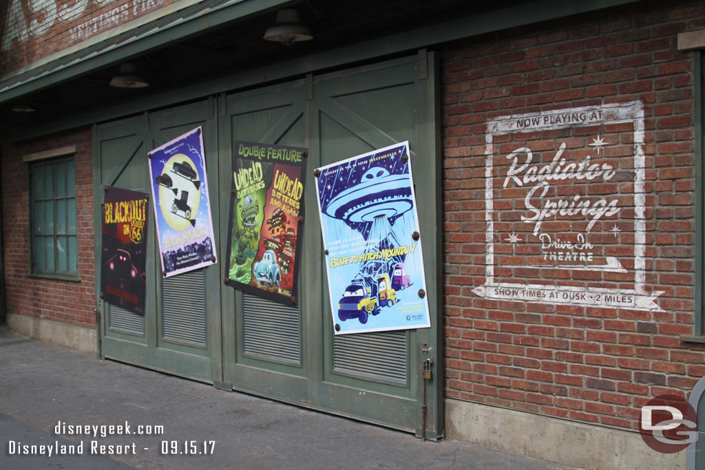 Radiator Springs Drive In Theatre posters along Route 66.