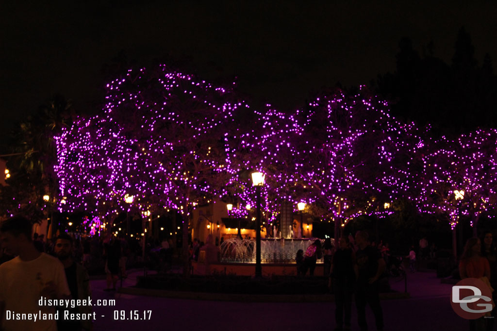 The trees in Carthay Circle feature purple lights.