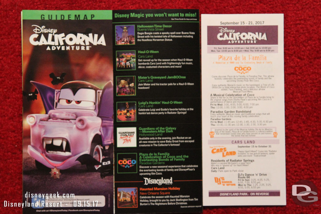 Disney California Adventure guidemap and times guide