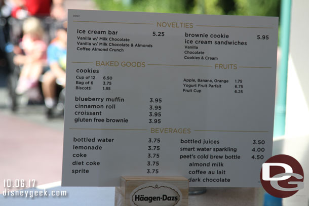 The menu for the Haagen-Dazs Kiosk