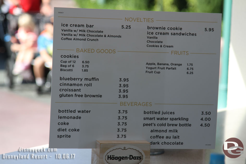 The menu for the Haagen-Dazs Kiosk