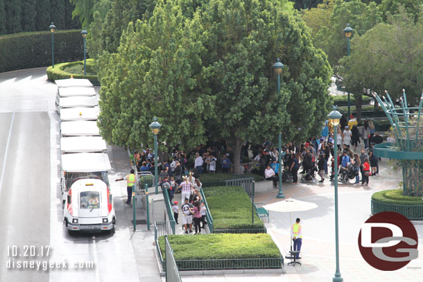 The tram queue extended out to the center of the stop, which is at least a couple of tram wait.  