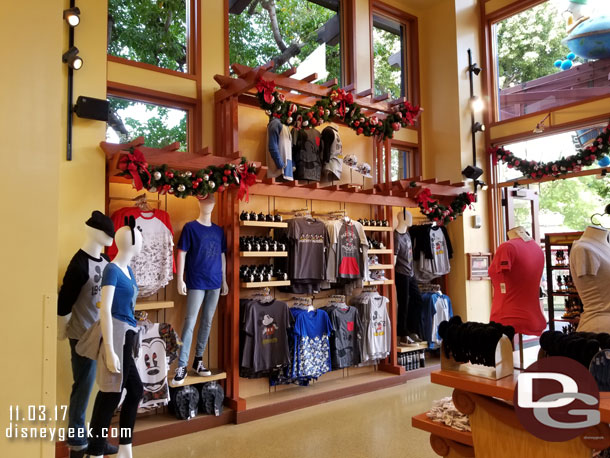 The entrance nearest the parks has Christmas decorations and a lot of Mickey merchandise.