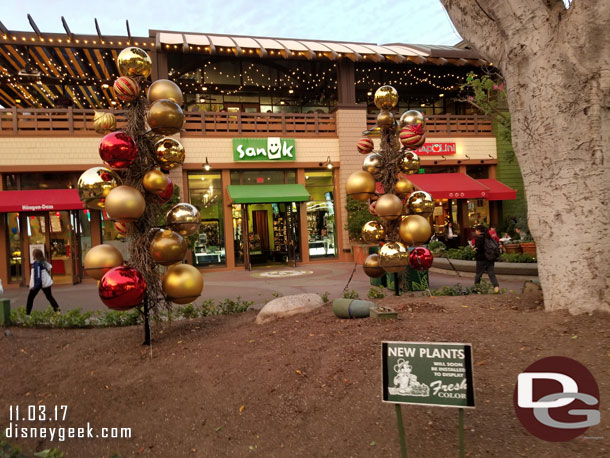 Downtown Disney Christmas decorations and plantings are being installed.