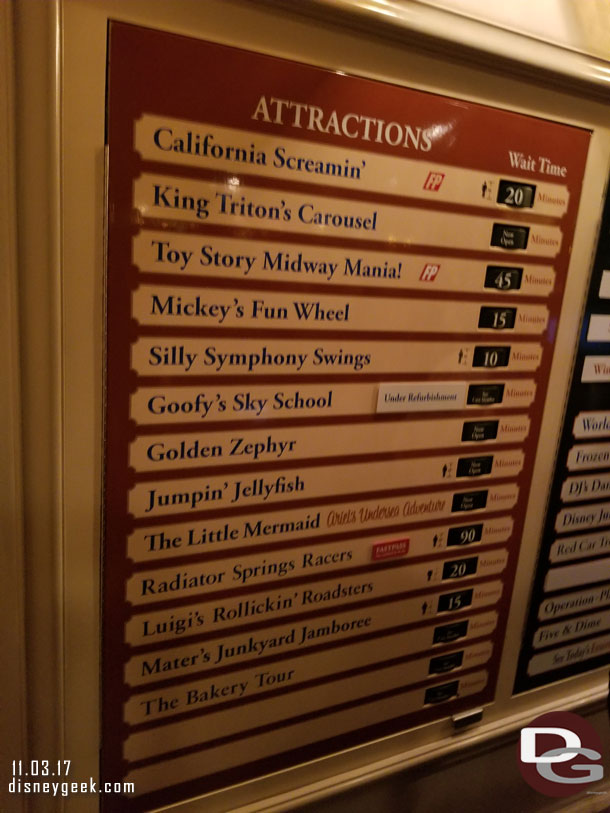 Some Disney California Adventure wait times at 7:30pm