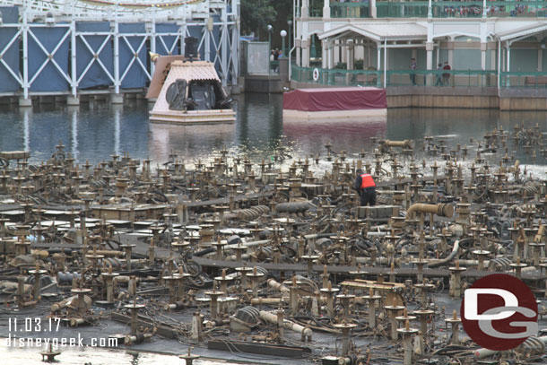 A crew preparing the World of Color platform for the show this evening.