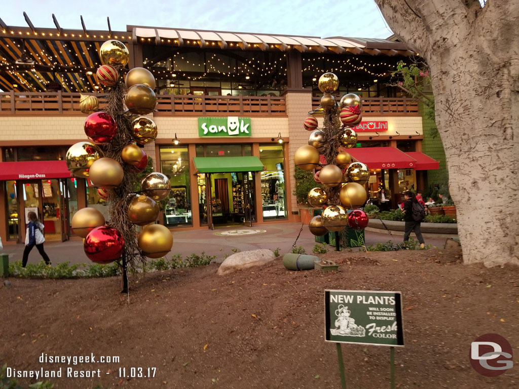 Downtown Disney Christmas decorations and plantings are being installed.