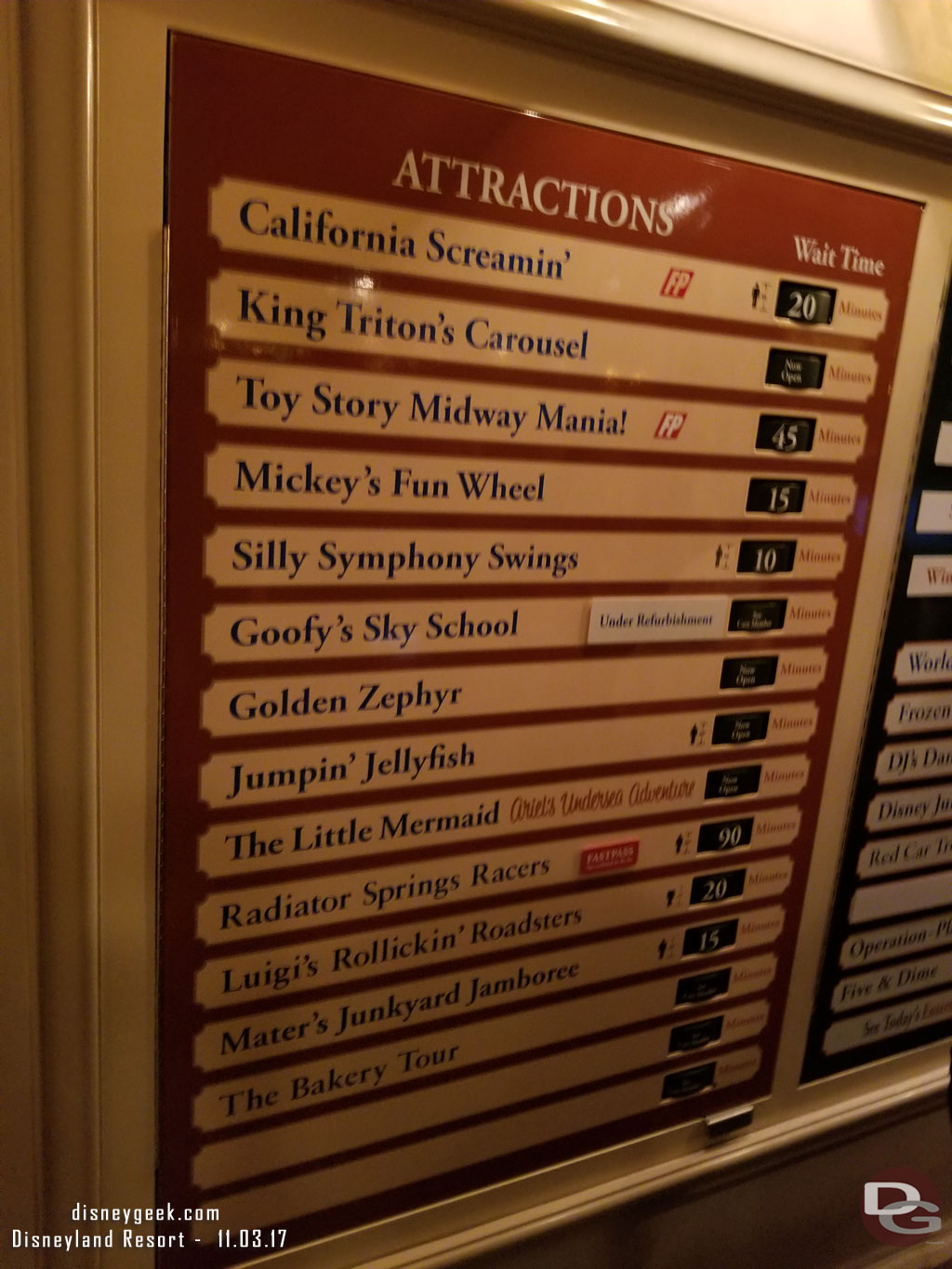 Some Disney California Adventure wait times at 7:30pm