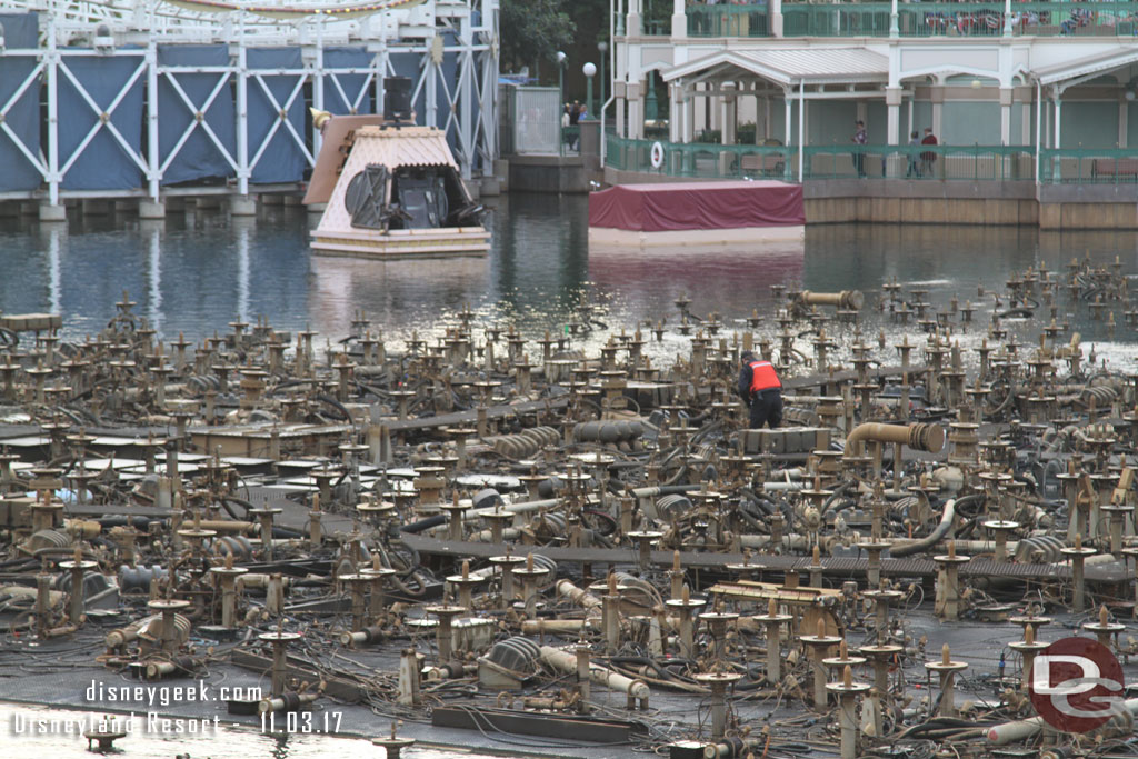 A crew preparing the World of Color platform for the show this evening.