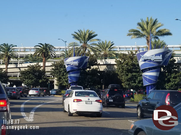 Arrived at a busy Mickey and Friends parking structure.  The line was backed up onto Disneyland drive and the left turn from Ball was several cycles.  This was just before 8am.