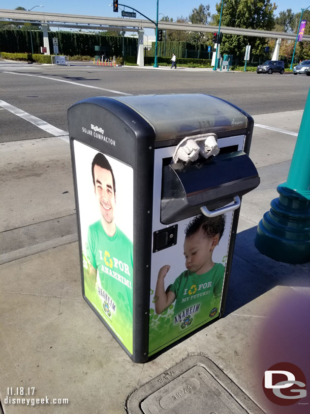 As I walked to meet my ride to Los Angeles noticed several of these solar trash compactors on Harbor Blvd.