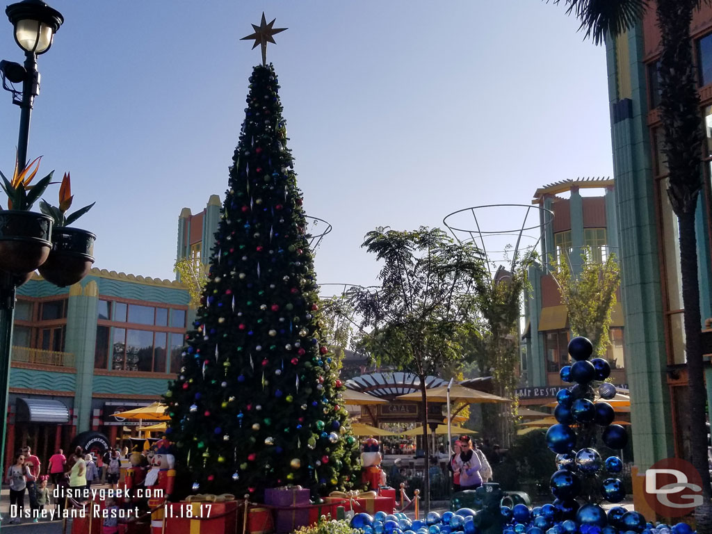 The Downtown Disney Christmas tree during the day.